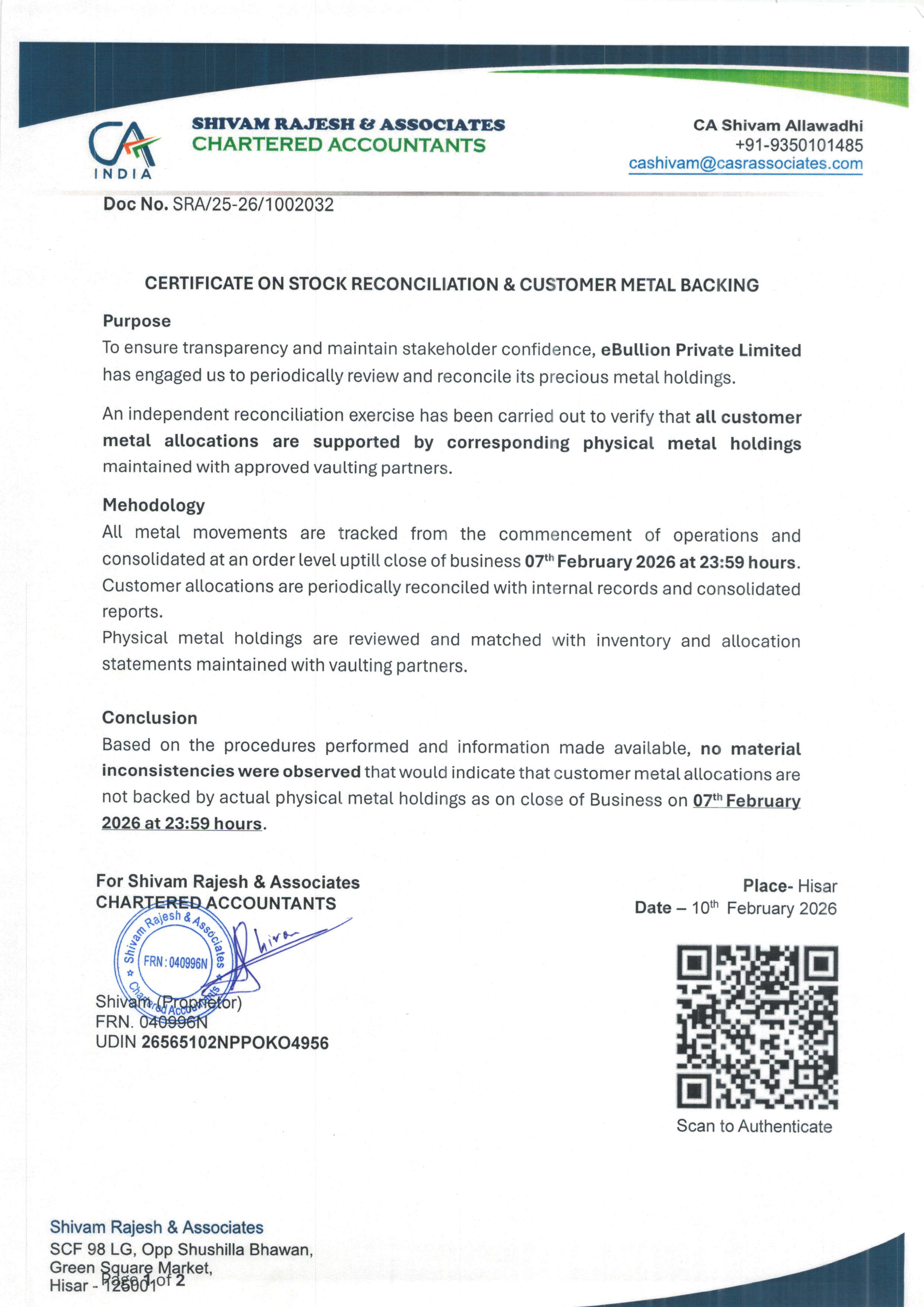 eBullion Independent Trustee Certificate Jan 2026